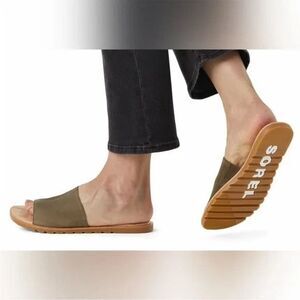 Sorel Ella Block Sandals Shoes Olive Green Leather Suede Slip On Womens Size 10